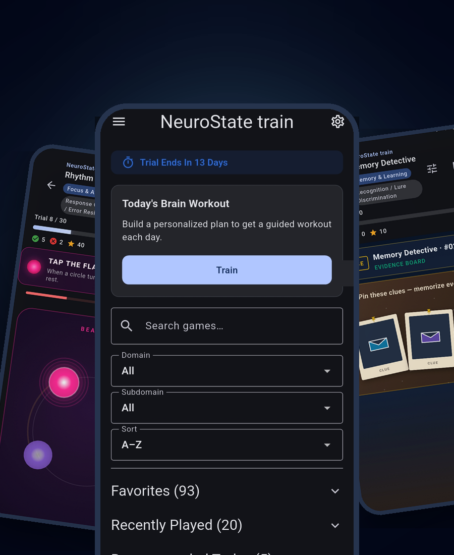 Today’s workout in NeuroState Train, with games from the library behind it